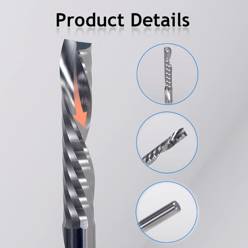 HOZLY 1/8 Inch Down Cut Single Flute (O Flute) Spiral End Mill CNC Router Bits ,with 0.08 Inch (2mm) Cutting Dia，43/64 Inch (17mm) Cutting Length for Acrylic PVC MDF Wood Pack of 5 - Image 3